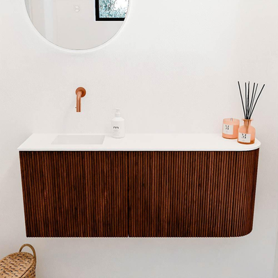 Mondiaz JOYA 101.6cm toiletmeubel - ronding rechts kleur Ruby - Wastafel FAYE positie Links Zonder kraangat kleur Talc.