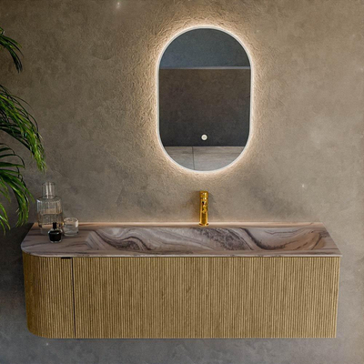 MONDIAZ KURVE-DLUX 145cm badmeubel ronding Links kleur Dusk met 1 lade en 1 deur. Wastafel BIG LARGE Rechts 1 kraangat Sombra.