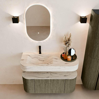 MONDIAZ THOR-DLUX 110cm meuble de salle de bains arrondi gauche + droite couleur Shadow avec 1 tiroir et 2 portes. Vasque suspendue CLOUD Gauche 1 trou de robinet couleur Nata.