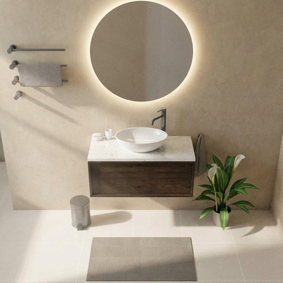 Saniclass Holz Frame Ensemble meuble de salle de bains - 100x45x43cm - Plan vasque en marbre Dia poli (blanc) - 1 trou de robinet - 1 tiroir - chêne charcoal mat (bois)