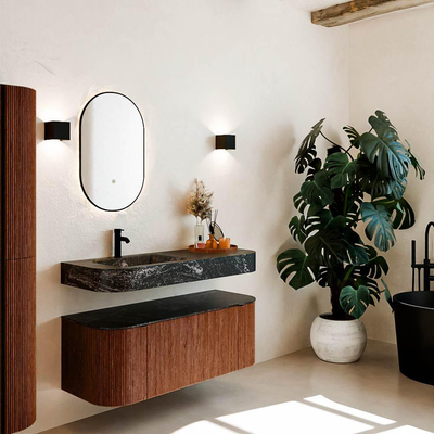 MONDIAZ THOR-DLUX 120cm meuble de salle de bains arrondi gauche + droite couleur Ruby avec 1 tiroir et 2 portes. Vasque suspendue CLOUD Gauche 1 trou de robinet couleur Lava.