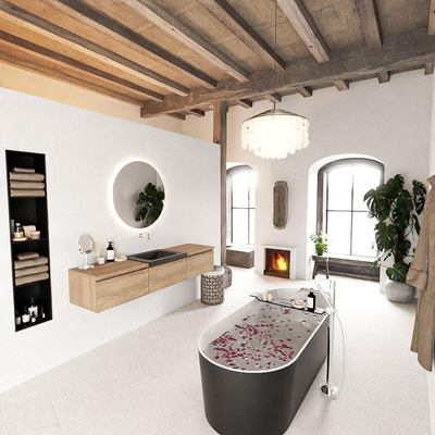 MONDIAZ BUKLA 180cm badmeubel met module 60 kleur Washed Oak met 3 lades. Wastafel CLOUD midden 0 kraangaten kleur Urban.
