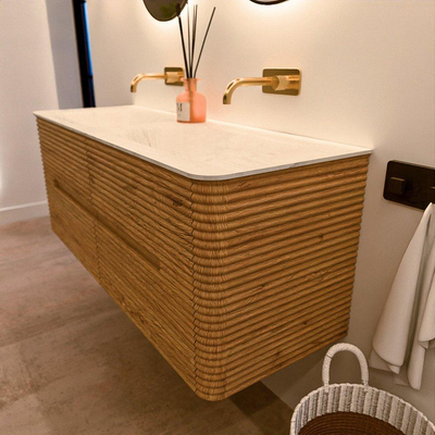 Mondiaz CIRO-DLUX Badkamermeubelset - 130x45x50cm - Solid surface wastafel Opalo - 2 wasbak Dubbel - zonder kraangaten - 4 lades - Oak