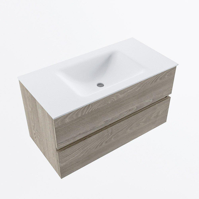 Mondiaz VICA ensemble de meuble de salle de bain - 90cm - meuble sous-vasque marron clair gris - 2 tiroirs - lavabo nuage milieu - sans trous de robinet - version haute de 60cm - talc