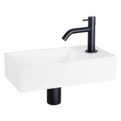 Differnz Solid kit lave-mains - 36x18.5x9cm - Rectangulaire - 1 trou de robinet - Robinet noir mat courbé - Solid Surface blanche