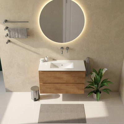 Saniclass Holz Atelier Ensemble meuble de salle de bains - 100x45x62cm - lavabo Vygo en céramique blanc - 1 vasque - sans trou de robinet - 2 tiroirs - chêne naturel mat (bois)