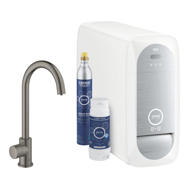 GROHE Blue Home Keukenkraan - 1-gats - C-uitloop - starterkit - Wifi - bleutooth - chilled en sparkling water - hard graphite geborsteld