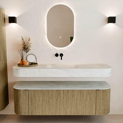 MONDIAZ THOR-DLUX 150cm meuble de salle de bains arrondi gauche + droite couleur Dusk avec 1 tiroir et 2 portes. Vasque suspendue CLOUD Milieu sans trou de robinet couleur Opalo.