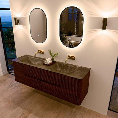 Mondiaz CIRO-DLUX Meuble de salle de bains - 160x45x50cm - Plan-vasque solid surface Lava - 2 vasques Double - sans trous de robinetterie - 4 tiroirs - Ruby