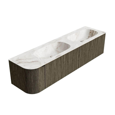 Mondiaz KURVE-DLUX Ensemble de meuble de salle de bains - 175x46x40cm - 2 tiroirs - 1 porte - lavabo solid surface - double / droite - sans trou de robinet - Shadow