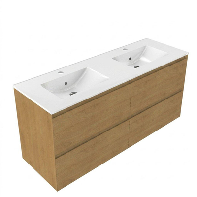 Saniclass Holz Pure Ensemble meuble de salle de bains - 140x45x62cm - lavabo Vygo en céramique blanc - 2 vasques - 2 trous de robinet - 4 tiroirs - chêne natural brillant (bois)