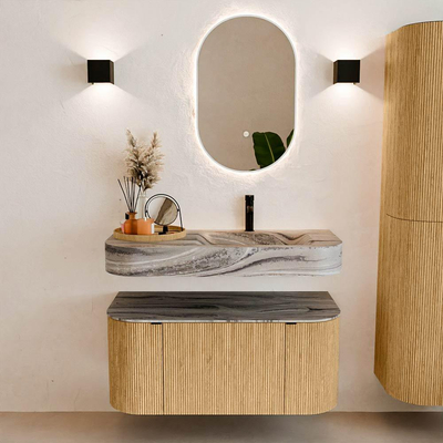 MONDIAZ THOR-DLUX 100cm meuble de salle de bains arrondi gauche + droite couleur Oak avec 1 tiroir et 2 portes. Vasque suspendue CLOUD Droite 1 trou de robinet couleur Sombra.