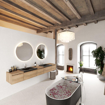 MONDIAZ BUKLA 240cm ensemble de meuble avec module 40 couleur Chêne blanchi avec 5 tiroirs. Lavabo CLOUD double 2 trous de robinet couleur Urbain.