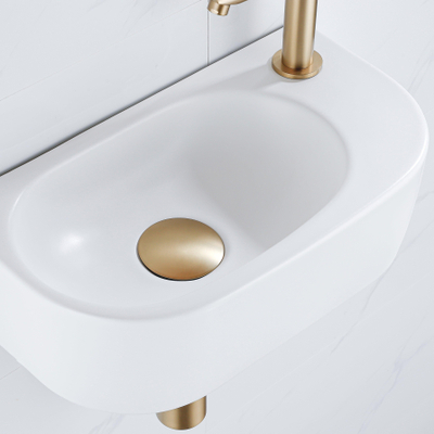 Fugaflow Efficiente Pietra Fonteinset - 40x21.5x12cm - rechts - glad - halfrond - 1 kraangat - keramiek - fonteinkraan geborsteld messing - afvoerplug - verlaagd sifon - wit mat