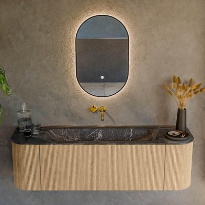 MONDIAZ KURVE-DLUX 150cm Meuble salle de bain avec module 25 G et D - couleur Oak - 1 tiroir - 2 portes - vasque BIG MEDIUM centre - sans trou de robinet - couleur Lava