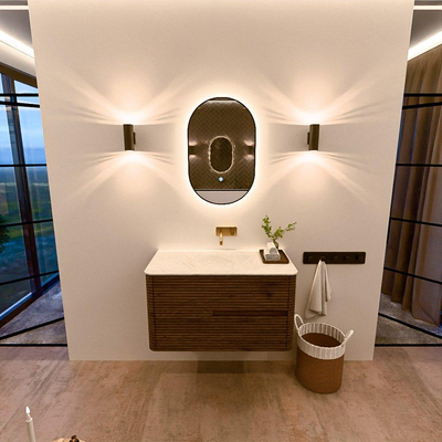 Mondiaz CIRO-DLUX Ensemble de meubles de salle de bains - 90x45x50cm - lavabo solid surface Opalo - 1 vasque au centre - sans trous de robinet - 2 tiroirs - Dusk