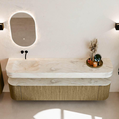 MONDIAZ THOR-DLUX Meuble de salle de bains - 200cm - arrondi gauche + droite - couleur Dusk - 2 tiroirs - 2 portes - Vasque suspendue CLOUD Gauche sans trou de robinet - couleur Ostra