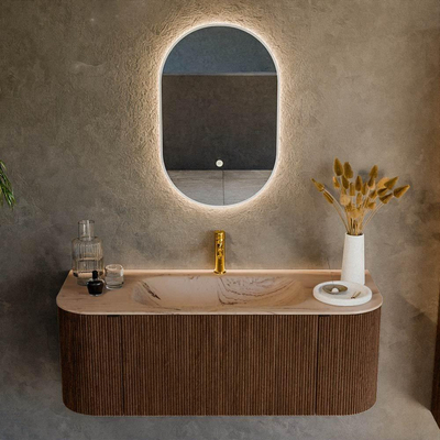 MONDIAZ KURVE-DLUX Meuble de salle de bains 120cm arrondi Gauche + Droite couleur Walnut avec 1 tiroir et 2 portes. Lavabo BIG SMALL Milieu 1 trou de robinet Arena.