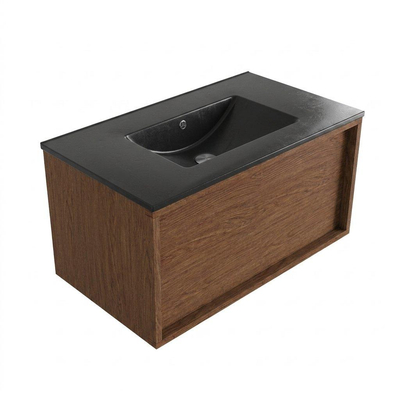 Saniclass Holz Frame Ensemble meuble de salle de bains - 80x45x42cm - Vygo lavabo en céramique noir - 1 vasque - sans trou de robinet - 1 tiroir - noyer pure mat (bois)