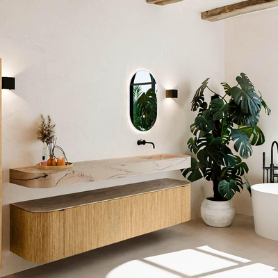 MONDIAZ THOR-DLUX 200cm meuble de salle de bains arrondi gauche + droite couleur Chêne avec 2 tiroirs et 2 portes. Vasque suspendue CLOUD Droite sans trou de robinet couleur Arena.