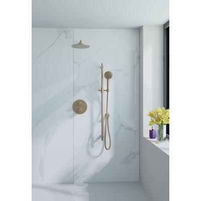 Fortifura Calvi Inbouw Regendoucheset - rond - thermostatisch - wandarm - glijstang - 25cm - hoofddouche - ronde handdouche - PVD - geborsteld messing (goud)