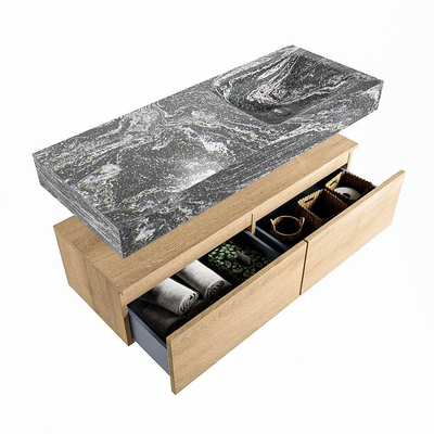 Mondiaz ALAN-DLUX Ensemble de meuble - 120cm - meuble Washed Oak mat - 2 tiroirs - Lavabo Cloud Lava suspendu - vasque Droite - 1 trou de robinet