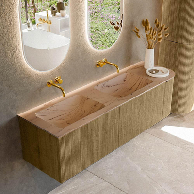 MONDIAZ KURVE-DLUX Meuble de salle de bains 155cm arrondi à droite couleur Dusk avec 2 tiroirs et 1 porte. Lavabo LEAF Double / Gauche sans trou de robinet Arena.
