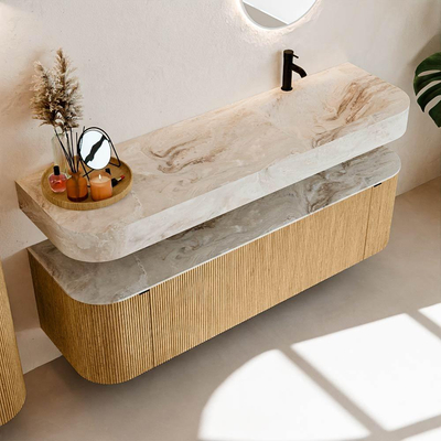 MONDIAZ THOR-DLUX 160cm badmeubel ronding links + rechts kleur Oak met 1 lade en 2 deuren. Vrijhangende wastafel CLOUD Rechts 1 kraangat kleur Frappe.