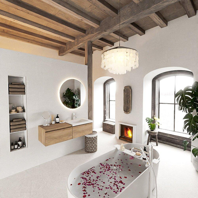 MONDIAZ BUKLA 120cm meuble de salle de bains avec module 60 couleur Washed Oak avec 2 tiroirs. Lavabo CLOUD à droite 1 trou de robinet couleur Talc.