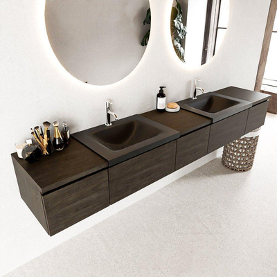 Mondiaz BUKLA badkamermeubelset 240x45x34cm 2 kraangaten 2 wasbakken solid surface Urban greeploos 5 lades met softclose Melamine Dark brown