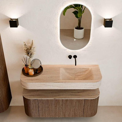 MONDIAZ THOR-DLUX 120cm badmeubel ronding links + rechts kleur Walnut met 1 lade en 2 deuren. Vrijhangende wastafel CLOUD Rechts zonder kraangat kleur Saba.