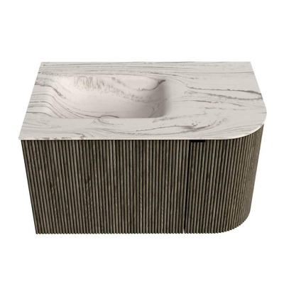 MONDIAZ KURVE-DLUX Meuble de salle de bains 75 cm arrondi à droite couleur Shadow avec 1 tiroir et 1 porte. Lavabo GRUNNE à gauche sans trou de robinet Nata.