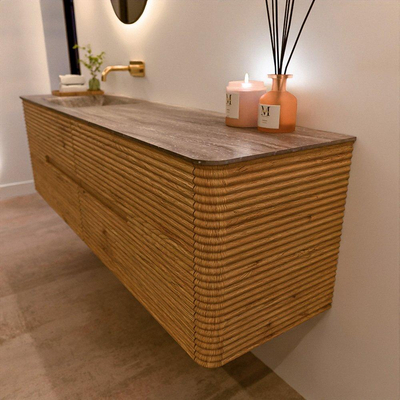 Mondiaz CIRO-DLUX Badkamermeubelset - 170x45x50cm - Solid surface wastafel Oza - 1 wasbak Links - zonder kraangaten - 4 lades - Oak
