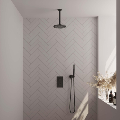 Ensemble de douche pluie encastré Brauer Black Carving - douche principale 20 cm - bras plafond 20 cm - 2 fonctions - incluant la partie encastrable - douchette à main 1 fonction - noir mat