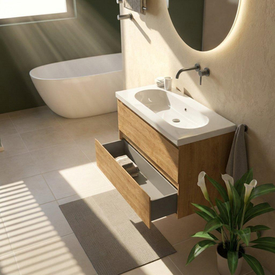 Saniclass Holz Pure Ensemble de meubles de salle de bains - 100x45x63.5cm - lavabo en céramique Palermo blanc - 1 vasque - sans trou de robinet - 2 tiroirs - chêne natural mat (bois)