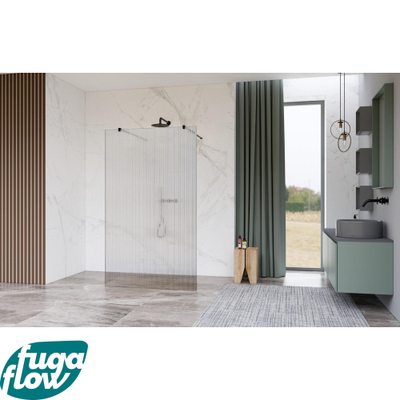 FugaFlow Eccelente Vetro Douche à l'italienne libre - 160x200cm - Clair strié - anti-calcaire - verre de sécurité 8mm - avec bras muraux - Noir mat -