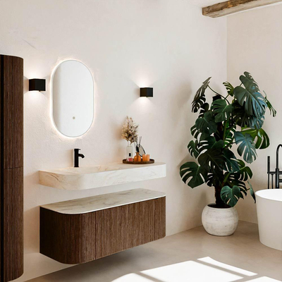 MONDIAZ THOR-DLUX 120cm meuble de salle de bains arrondi gauche + droite couleur Walnut avec 1 tiroir et 2 portes. Vasque suspendue CLOUD Gauche 1 trou de robinet couleur Ostra.