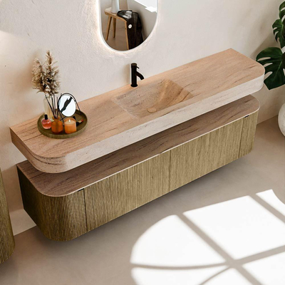 MONDIAZ THOR-DLUX Meuble de salle de bains 190cm arrondi gauche + droite couleur Dusk avec 2 tiroirs et 2 portes. Vasque suspendue CLOUD Milieu 1 trou de robinet couleur Saba.