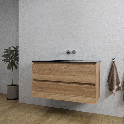 Saniclass Chaci Ensemble meuble de salle de bains - 100x46x55cm - lavabo céramique noir - 1 vasque - sans trous de robinetterie - 2 tiroirs - chêne