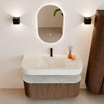 MONDIAZ THOR-DLUX 110cm badmeubel ronding links + rechts kleur Walnut met 1 lade en 2 deuren. Vrijhangende wastafel CLOUD Midden 1 kraangat kleur Opalo.