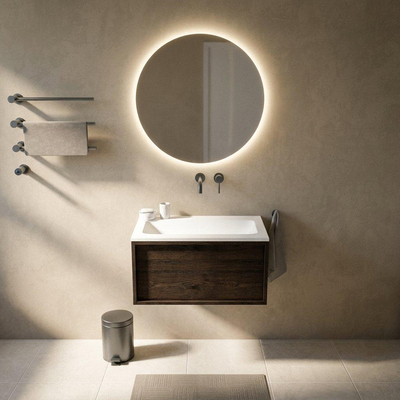 Saniclass Holz Frame Ensemble de meubles de salle de bains - 80x45x57.5cm - lavabo Torino en solid surface blanc - sans trou de robinetterie - 1 tiroir - chêne charcoal mat (bois)