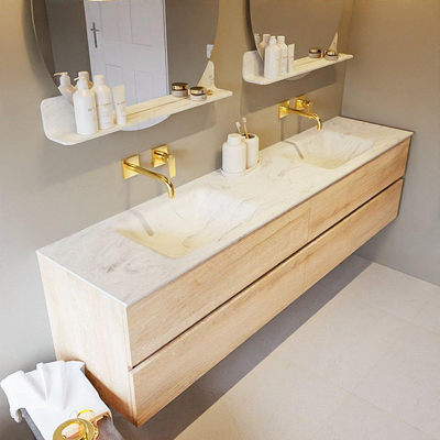 Mondiaz VICA-DLUX ensemble de meuble de salle de bain - 200cm - meuble sous-vasque chêne blanchi - 4 tiroirs - lavabo encastré cloud double - sans trous de robinet - version haute de 60cm - opalo