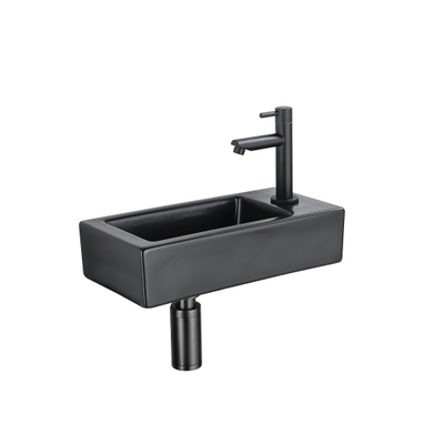FugaFlow Efficiente Pietra Ensemble lave-mains - 37.5x18.5x9 cm - céramique - trou de robinet à droite - robinet de lave-mains noir mat - bonde de vidage - siphon extra-plat - noir mat