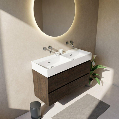 Saniclass Holz Pure Ensemble meuble de salle de bains - 120x45x72cm - Legend lavabo en céramique blanc - 2 vasques - sans trous de robinetterie - 4 tiroirs - chêne charcoal mat (bois)