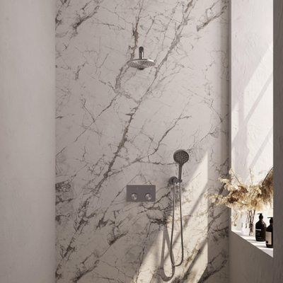 BRAUER Brushed Edition Douche de pluie thermostatique encastrée - boutons-poussoirs - SET 55 - pomme de douche 20 cm - bras mural droit - douchette 3 jets - flexible de douche - coude de raccordement mural - inox brossé PVD