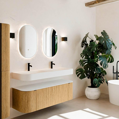 MONDIAZ THOR 140cm meuble de salle de bains arrondi gauche + droite couleur Oak avec 1 tiroir et 2 portes. Vasque suspendue CLOUD Double 2 trous de robinet couleur Talc.