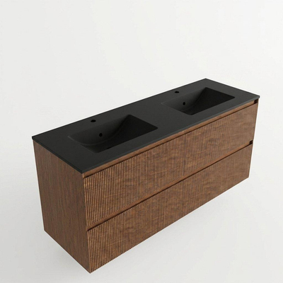 Saniclass Holz Atelier Ensemble meuble de salle de bains - 140x45x62cm - Lavabo Vygo en céramique noir - 2 vasques - 2 trous de robinetterie - 4 tiroirs - walnut pure mat (bois)