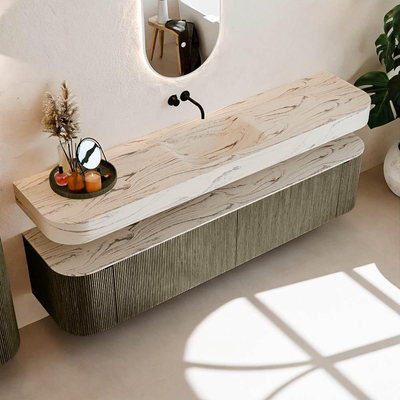 MONDIAZ THOR-DLUX 200cm meuble de salle de bains arrondi gauche + droite couleur Shadow avec 2 tiroirs et 2 portes. Vasque suspendue CLOUD Milieu sans trou de robinet couleur Nata.