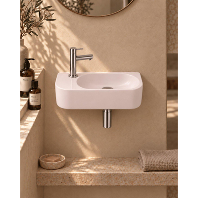 QeramiQ Fuente fonteinset – halfrond – 40x22x12 cm – keramiek linnen – kraangat links – chromen kraan