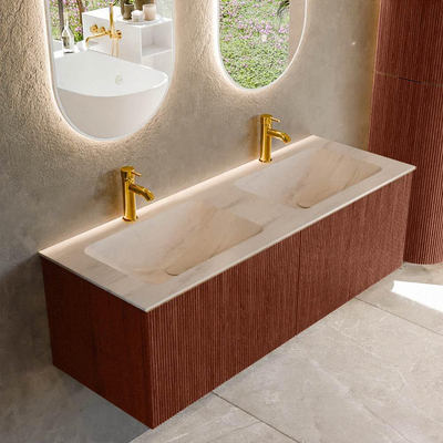 MONDIAZ KURVE-DLUX 130cm badmeubel kleur Ruby met 2 lades en 0 deuren. Wastafel LEAF Dubbel 2 kraangaten Meli.